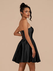 Black - A Line Satin Strapless Puffed Sleeves Short Homecoming Dresses