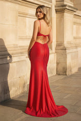 Red Spaghetti Straps Cutout Beaded Mermaid Long Dress With Split
