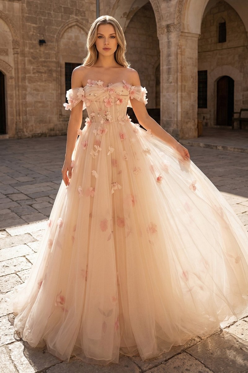 Champagne Off the Shoulder Tulle Floral Floor Length Long Prom Dresses