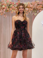 A Line Strapless Floral Homecoming Dress