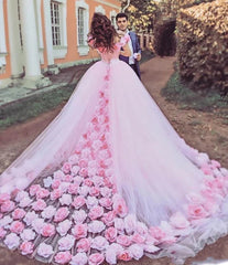 Pink Cathedral Train 3D Flowers Applique Wedding Gown Quinceanera Dresses