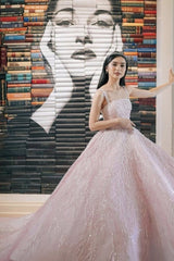 Pink Straps Sequin Beaded Long Ball Gown Quinceanera Dresses