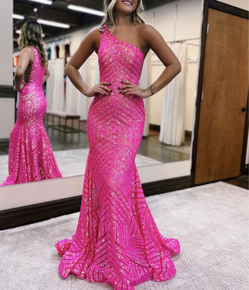 Mermaid Unique One Shoulder Sequins Prom Dress