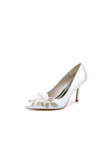 Pointed Toe Satin Bridal Heels with Crystal Flower
