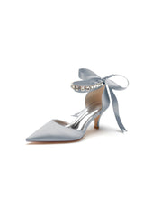 Pointed Toe Ribbons Kitten Heels With Diamond