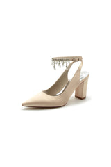 Pointed Toe Satin Chunky Heels With Pearl Tassel