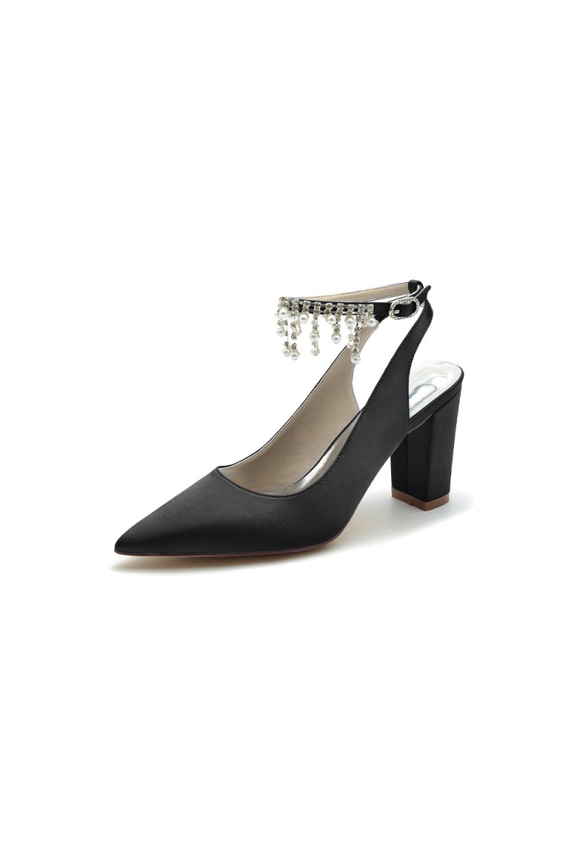 Pointed Toe Satin Chunky Heels With Pearl Tassel