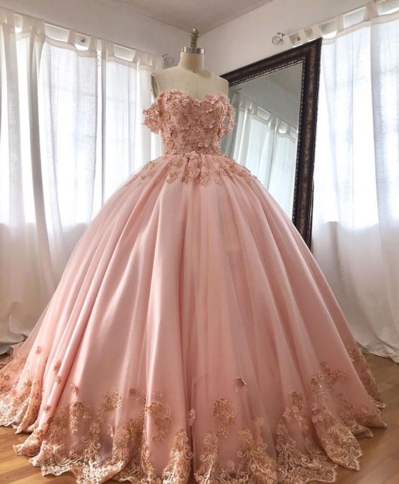 Pink Off The Shoulder Embroidered Lace Ball Gown Quinceanera Dresses