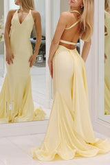 Yellow Mermaid V-Neck Satin Prom Dresses With Tail Evening Dress