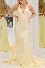 Yellow Mermaid V-Neck Satin Prom Dresses With Tail Evening Dress