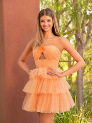 A Line Tulle Orange Keyhole Halter Short Homecoming Dress with Ruffles