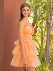 A Line Tulle Orange Keyhole Halter Short Homecoming Dress with Ruffles