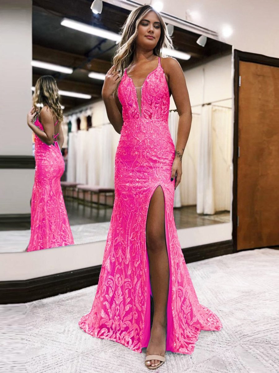 Mermaid Deep V Neck Blue Sequins Lace Long Prom Dresses with Slit