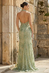 Sage Sheath Halter Sequined Long Prom Dresses With Floral Appliques