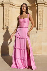 A-Line Hot Pink Ruffles Slit Prom Dress with Lace-up Back