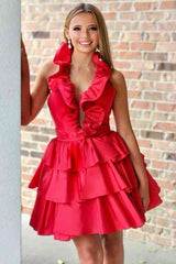 A-Line Deep Halter Satin Short Homecoming Dress with Ruffles