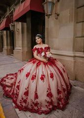 Red Off The Shoulder Tulle Quinceanera Dresses With Lace Appliques