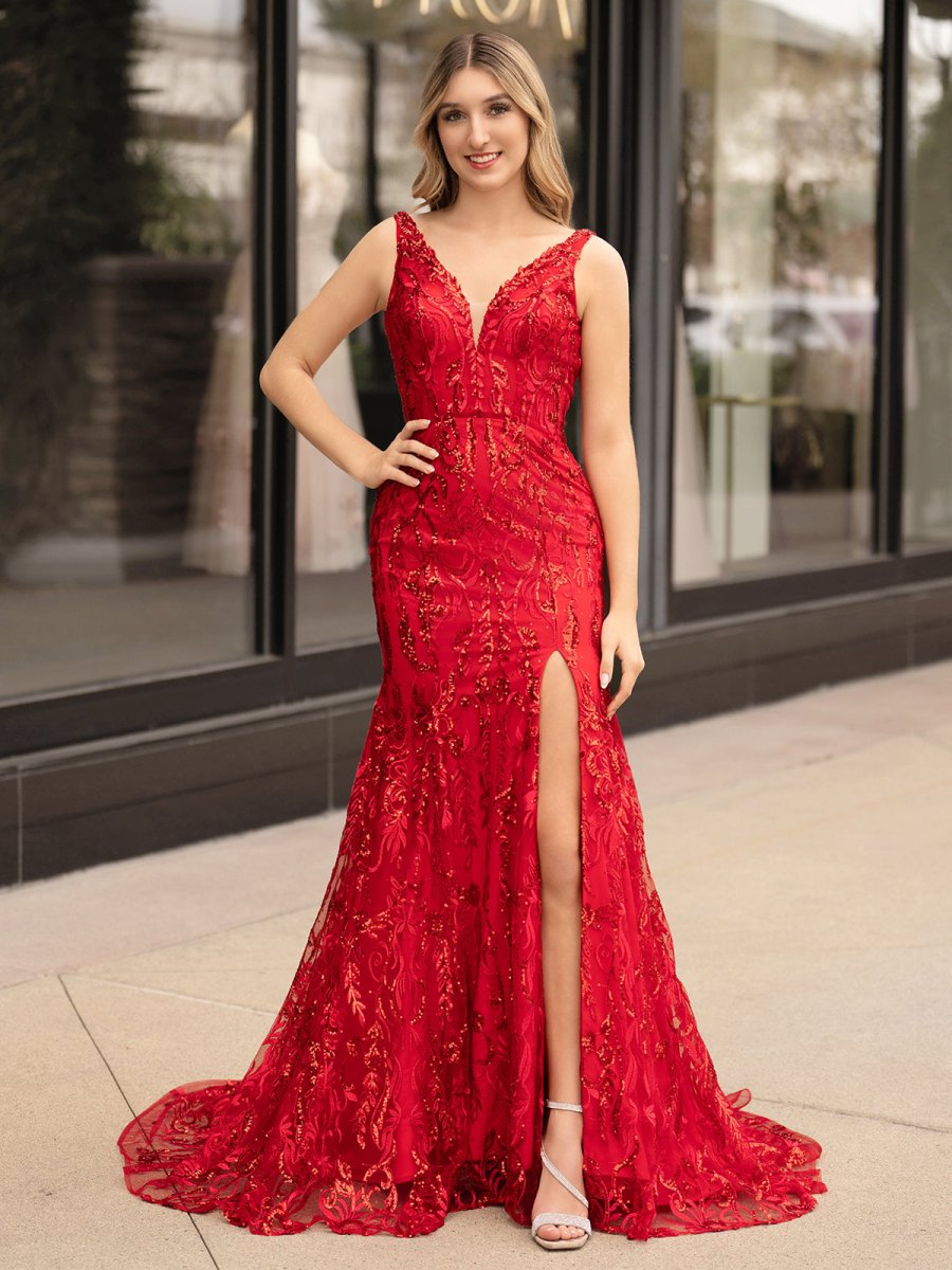 Mermaid V Neck Sequined Lace Prom Dress with Slit