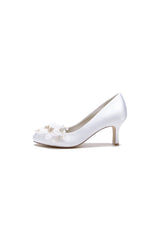 Rhinestone White Chunky Heels with Flower