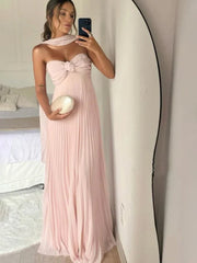 A Line Light Pink Strapless Chiffon Long Prom Dress