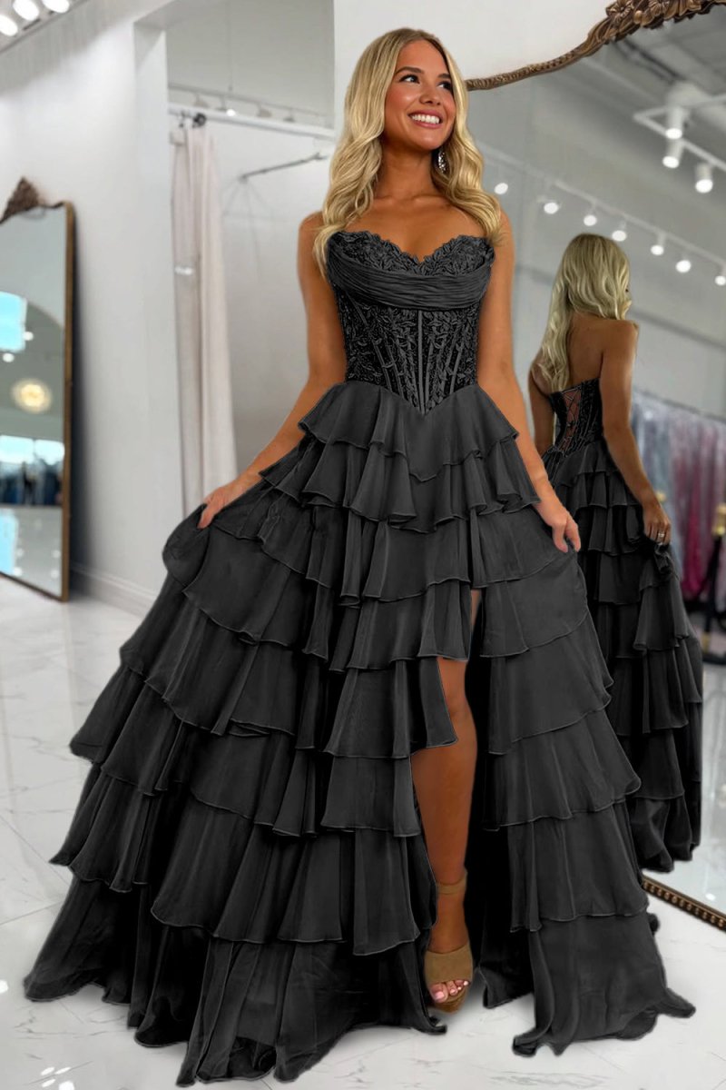 Black - Strapless A Line Chiffon Ruffled Prom Dresses With Appliques