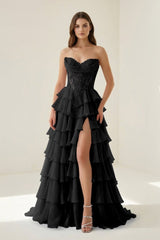 Black - Strapless A Line Chiffon Ruffled Prom Dresses With Appliques