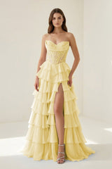 Yellow - Strapless A Line Chiffon Ruffled Prom Dresses With Appliques