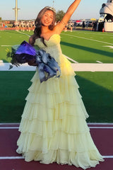 Yellow - Strapless A Line Chiffon Ruffled Prom Dresses With Appliques