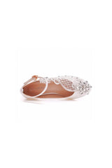 Round Toe Lace Rhinestones Ankle Strap Chunky Heel Wedding Shoes