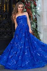 A-line Sequined Lace Long Prom Dress with Pockets