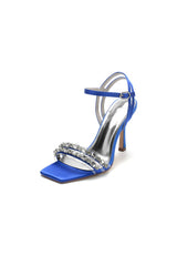 Royal Blue Satin Heels with Double Crystal Straps
