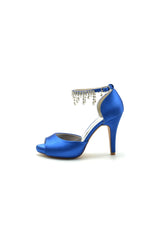 Navy Blue Stiletto Heels with Pearl and Chain Decor