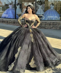 Black Long Sleeves Strapless Quinceanera Dresses with Appliques