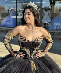 Black Long Sleeves Strapless Quinceanera Dresses with Appliques