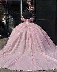 Glitter Off The Shoulder Pink Ball Gown Quinceanera Dresses