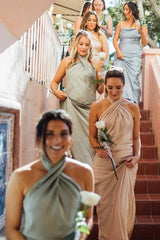 Sage Green Halter Sheath Ankle Length Bridesmaid Dress