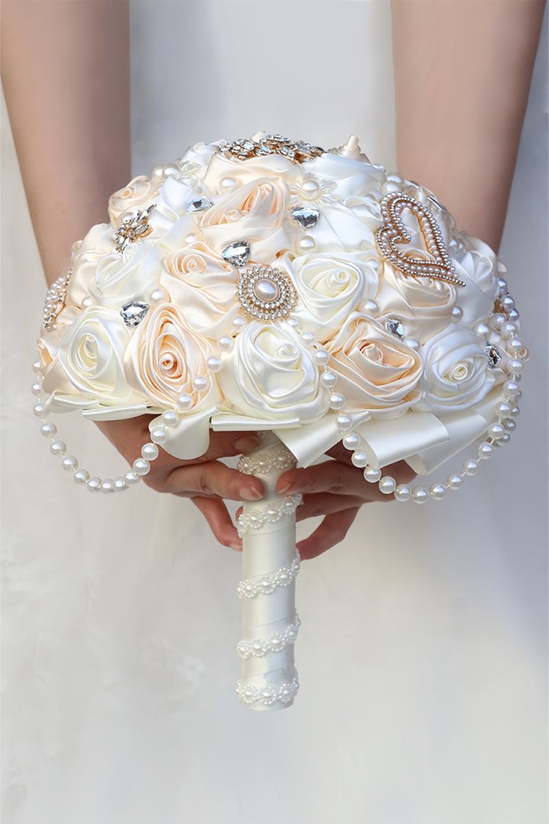 Satin Pearl String Cascade Wedding Flower Bouquets with Rhinestone