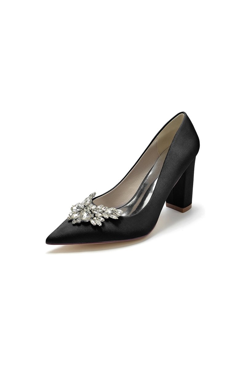 Satin Pointed Toe Slip-on Chunky Heels With Rhinestone