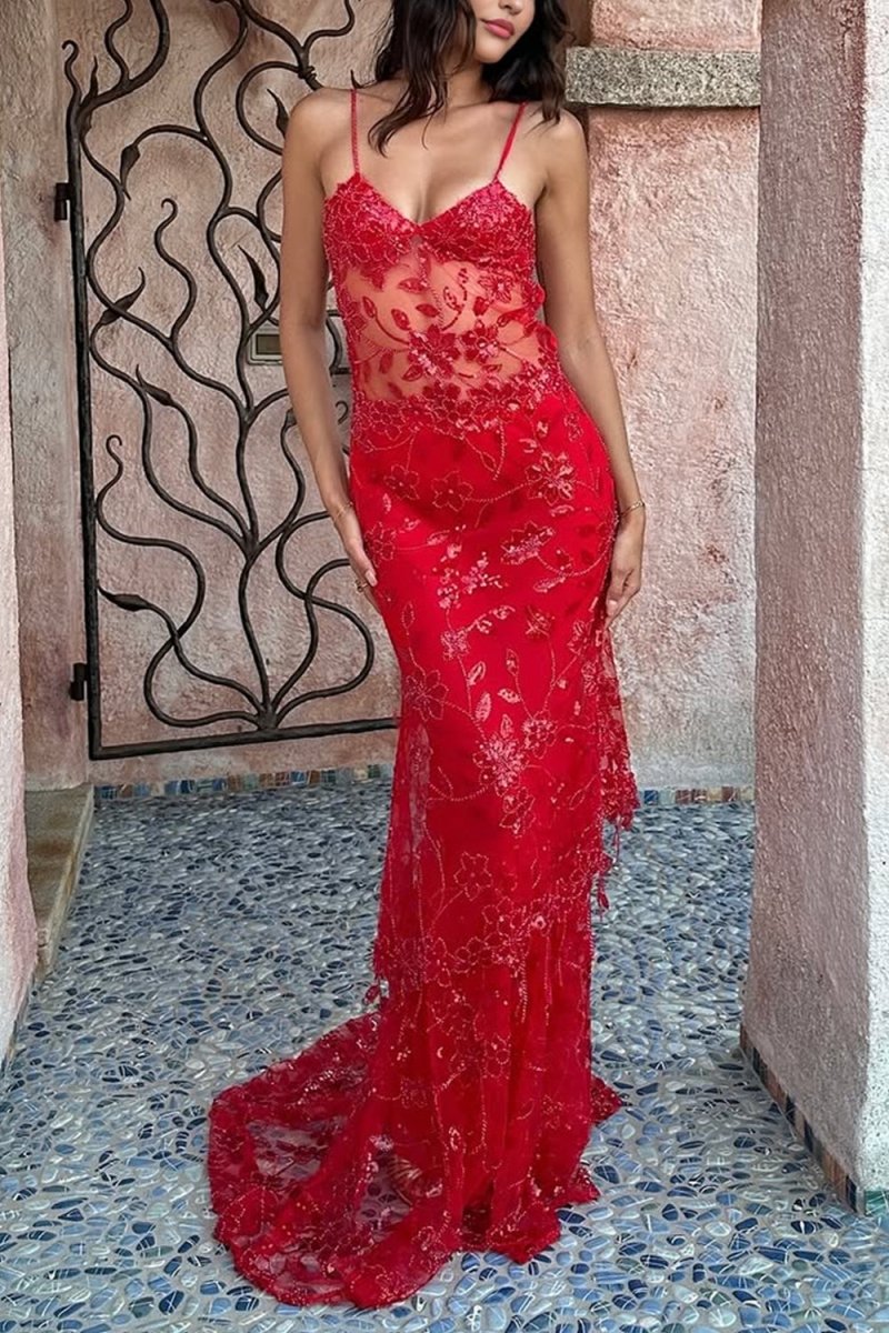 Red - Spaghetti Straps Mermaid Sequined Lace Long Formal Prom Dresses