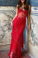 Red - Spaghetti Straps Mermaid Sequined Lace Long Formal Prom Dresses