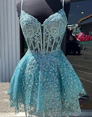 A-Line Spaghetti Straps Short Homecoming Dress with Appliques