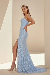 Sky Blue Strapless Mermaid Sequined Lace Long Formal Prom Dresses With Slit