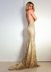 Sequined Prom Dress Mermaid V-Neck Sweep Train With Pleated
