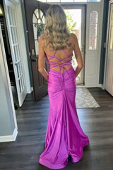Mermaid V-Neck Satin Formal Dress with Lace-Up Back