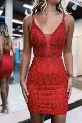 Bodycon Red V neck Lace Appliques Mini Party Dresses
