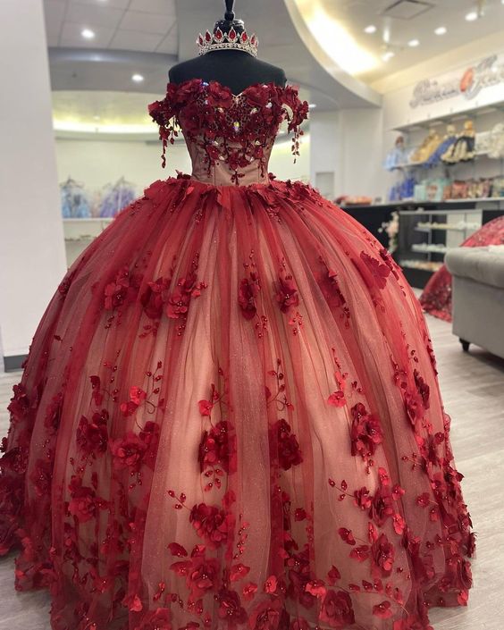 Shimmery Off Shoulder 3D Flowers Ball Gown Quinceanera Dress With Train