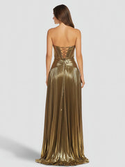 Sweetheart Metallic Pleated Long Formal Dress With Slit