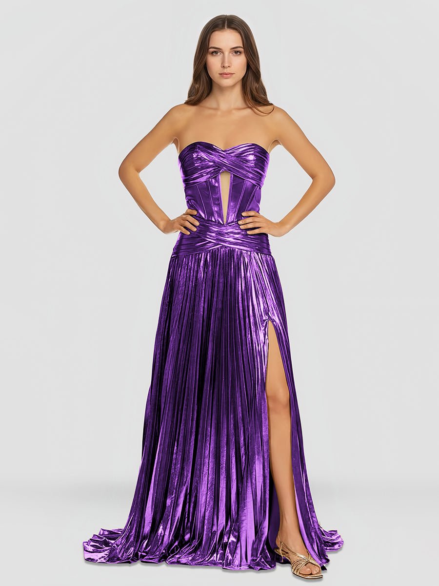 Sweetheart Metallic Pleated Long Formal Dress With Slit
