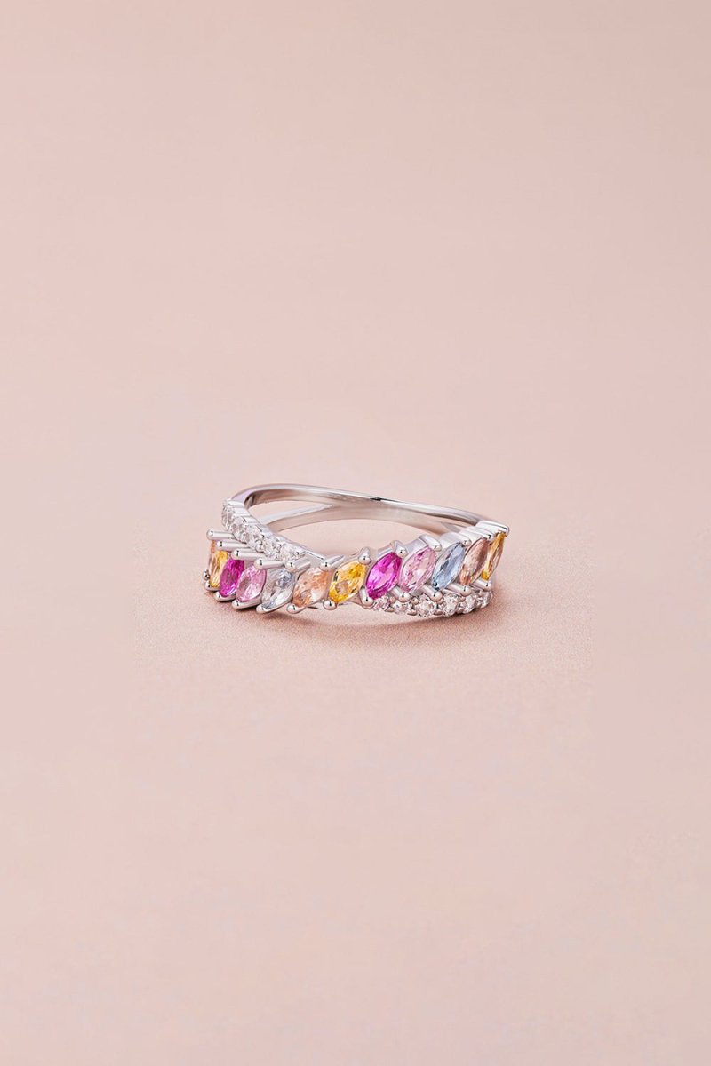 Silver Cross Shaped 5A Cubic Zirconia Colorful Agate Twisted Ring