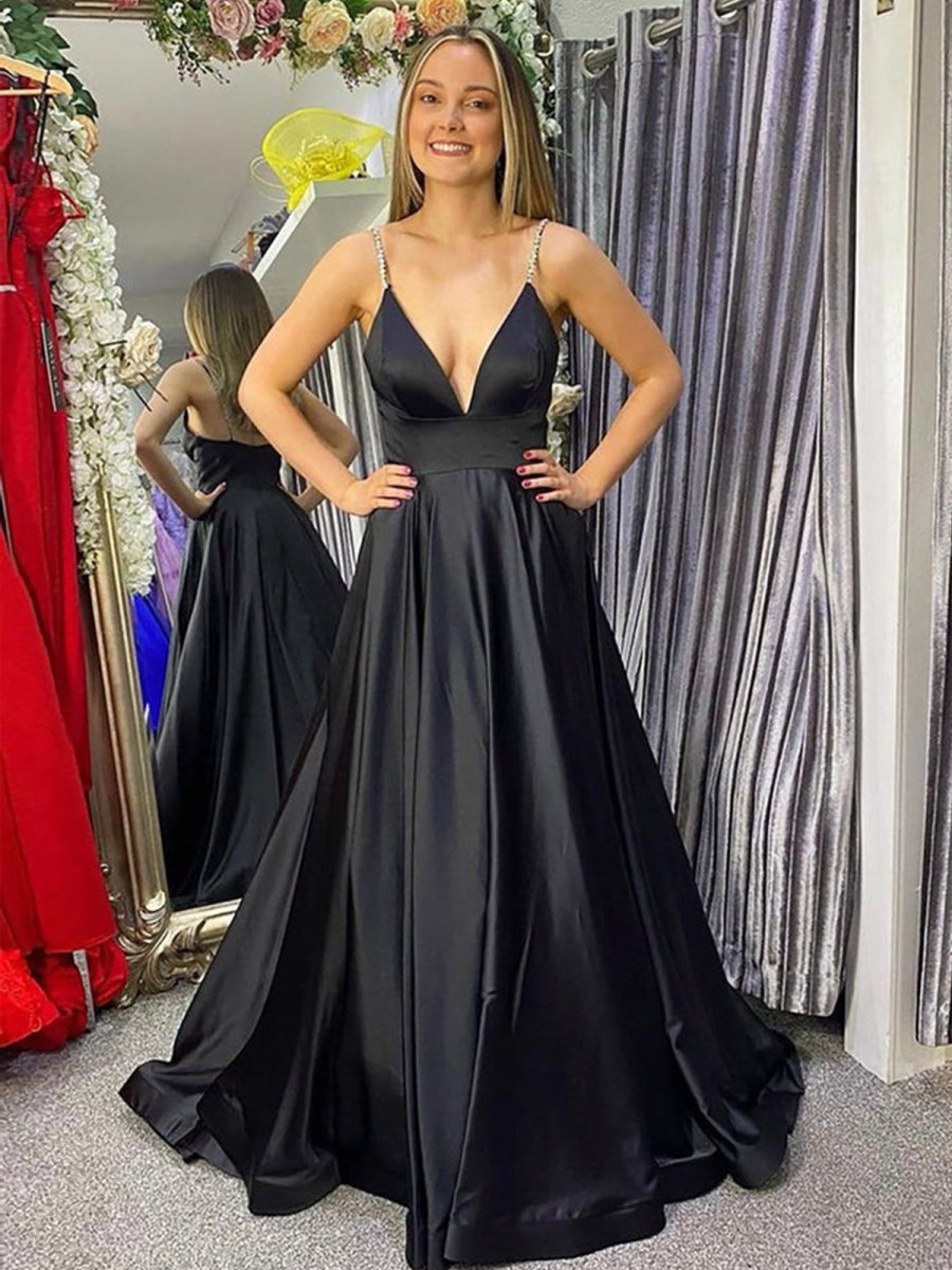 Black Deep V Neck Satin A Line Prom Dress With Beading